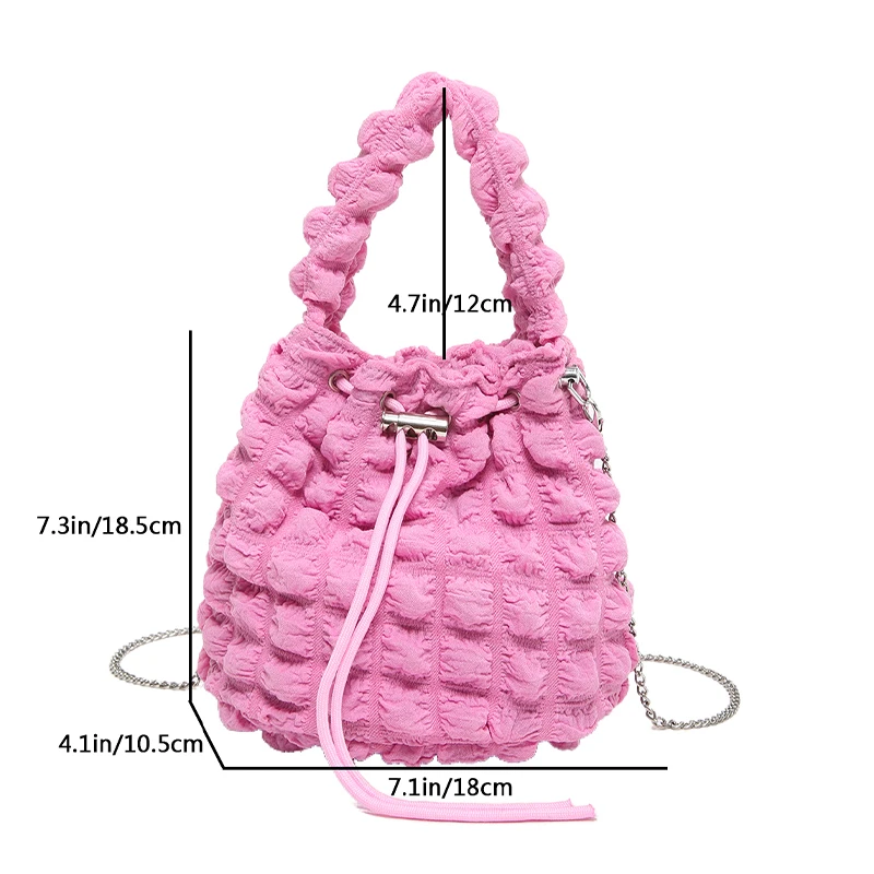 Color: Pink - Pearl puff fashion pop bucket bag pleated lines dopamine color youth smell girlishness sweet casual