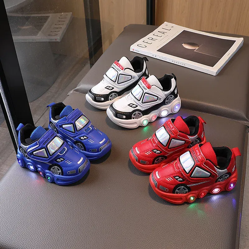 Color: Red, Shoe Size: 27 - Diseny Kids'Casual Shoes Led Light Car Club Cartoon PU Leather Spring Shoes For Children Anti-slip Red Blue Shoes Size 21-30