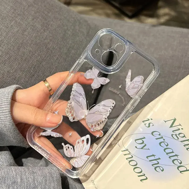Color: Beige, Material: PU - Simple Space Transparent Anti-fall Phone Case For iPhone 15 11 14 13 12 Pro Max Plus Silicone Protect Flower Butterfly Cover