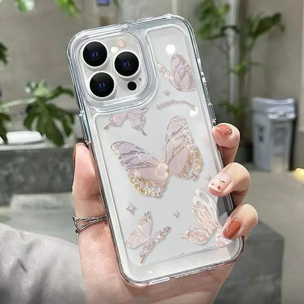 Color: Beige, Material: PU - Simple Space Transparent Anti-fall Phone Case For iPhone 15 11 14 13 12 Pro Max Plus Silicone Protect Flower Butterfly Cover