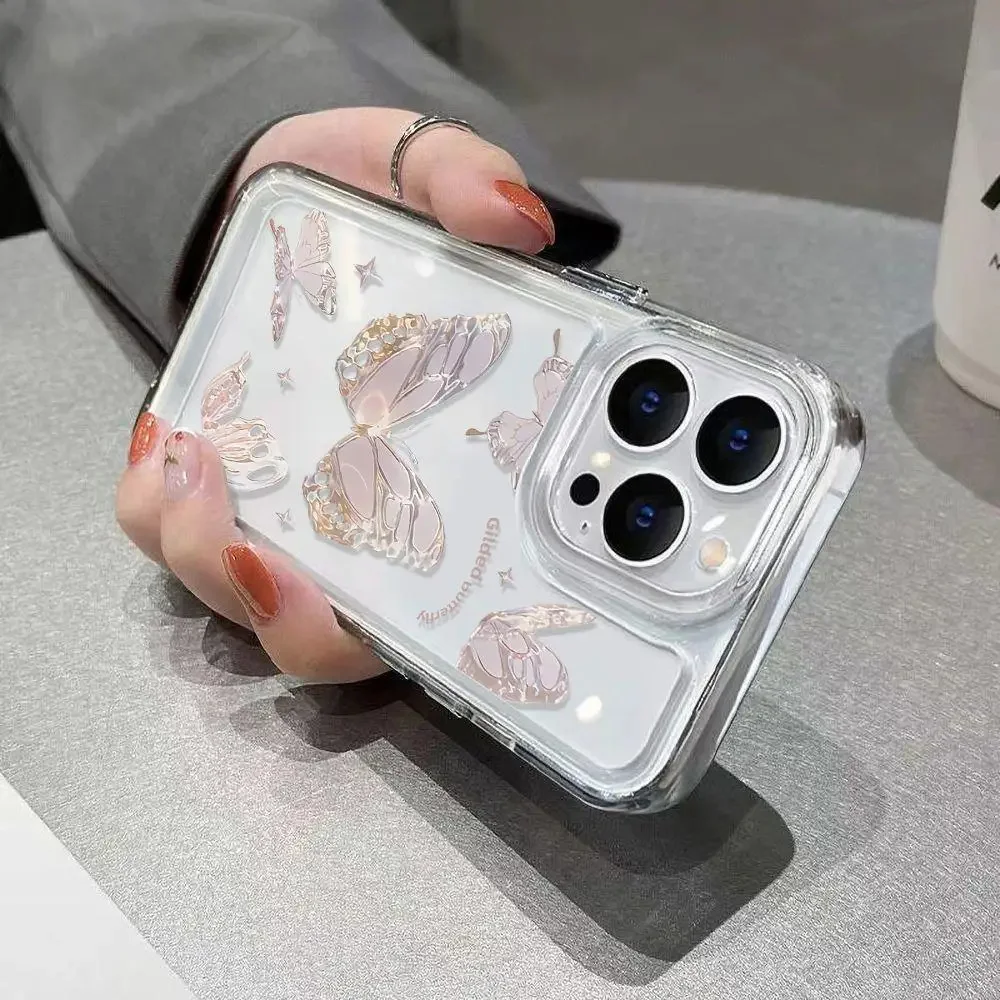 Color: Beige, Material: PU - Simple Space Transparent Anti-fall Phone Case For iPhone 15 11 14 13 12 Pro Max Plus Silicone Protect Flower Butterfly Cover