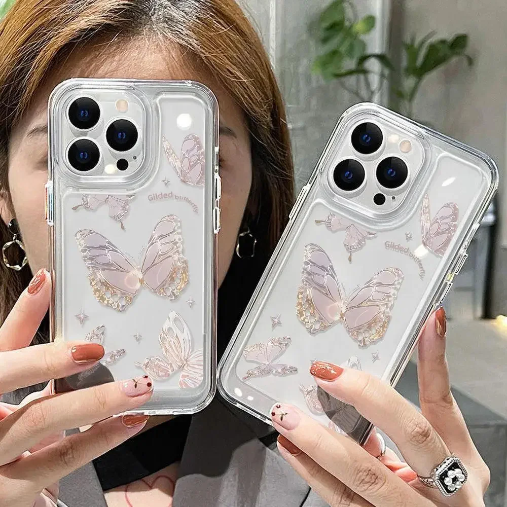 Color: Beige, Material: PU - Simple Space Transparent Anti-fall Phone Case For iPhone 15 11 14 13 12 Pro Max Plus Silicone Protect Flower Butterfly Cover
