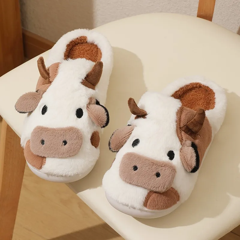 Color: black, Shoe Size: 37 - New Winter Unisex Cartoon Cow Warm Plush Slippers Couple's Indoor Non-slip House Mule Men And Women Toe Wrap Home Cotton Shoes