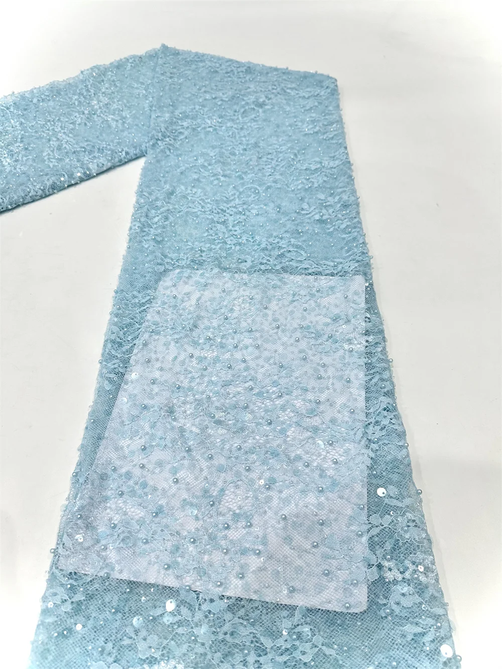 Color: SKY BLUE, Width: 120cm, Length: 5 yards - Luxury French Mesh Beads Lace Fabric 2025 High Quality African Sequins Mesh Lace Fabrics For Nigerian Women Wedding Dress Sewing