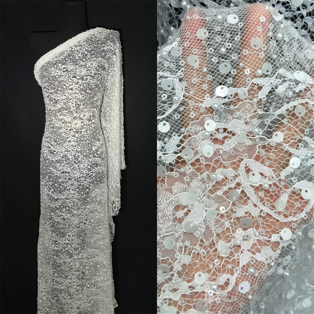 Color: SKY BLUE, Width: 120cm, Length: 5 yards - Luxury French Mesh Beads Lace Fabric 2025 High Quality African Sequins Mesh Lace Fabrics For Nigerian Women Wedding Dress Sewing