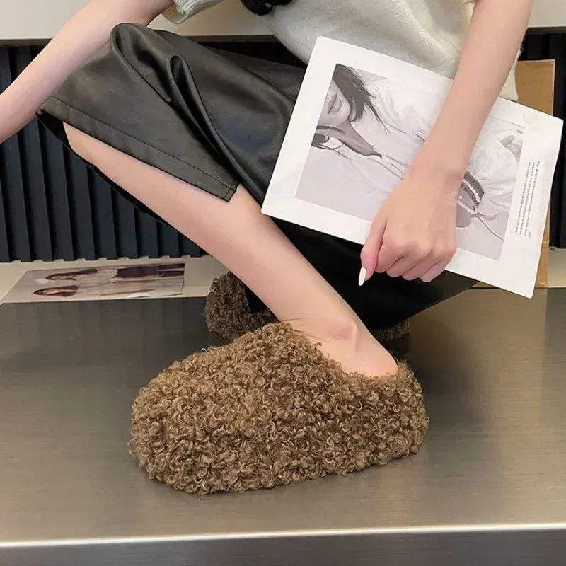 Color: Beige, Shoe Size: 39 - Thick Heel Luxury Lambwool Mules  Winter Shoes Woman Flip Flops Flat Cover Toe Slides Ins Warm Curly Lamb Fur Slippers Women