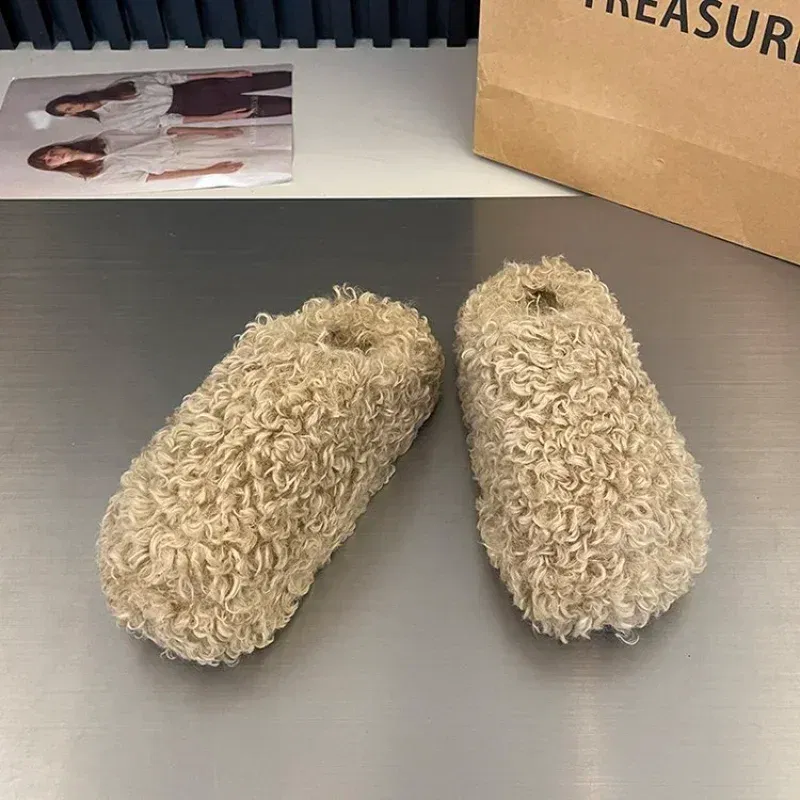 Color: Beige, Shoe Size: 39 - Thick Heel Luxury Lambwool Mules  Winter Shoes Woman Flip Flops Flat Cover Toe Slides Ins Warm Curly Lamb Fur Slippers Women