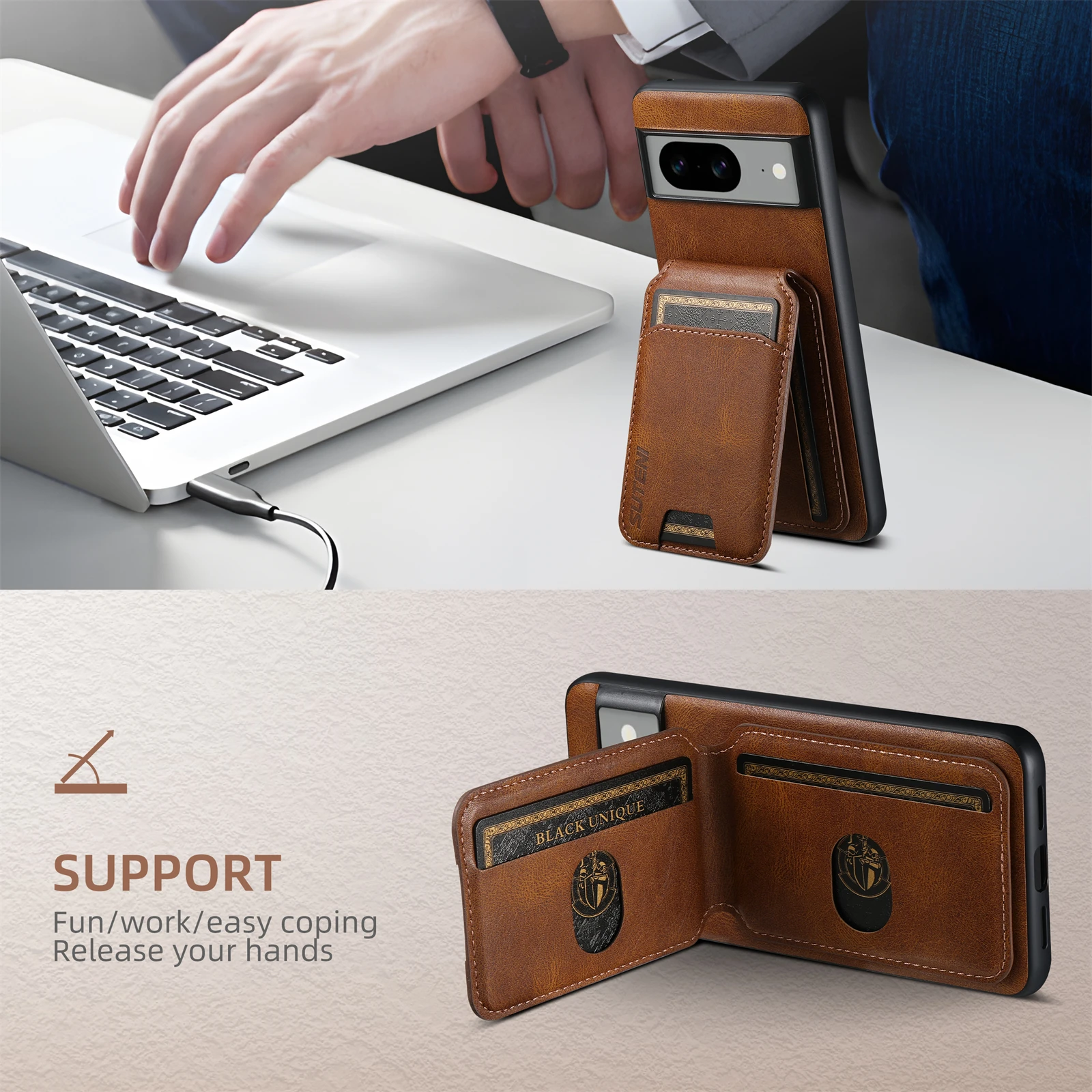 Color: black, Material: Neoprene - SUTENI Card Holder Leather Pocket Wallet Phone Case Stand For Google Pixel 8A 8Pro 7 7Pro 7A 6 6Pro 6A