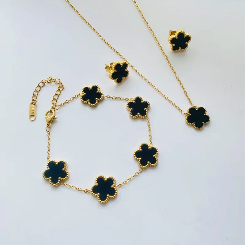 Metal color: Pure Gold Color - 3pcs/set Stainless Steel Flower Jewelry Set Gifts Luxury Modern Fashion Charm Necklace Earrings Bracelet Set Jewelry for Women