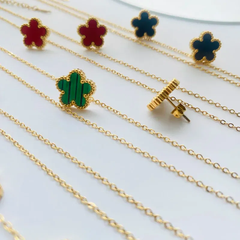 Metal color: Pure Gold Color - 3pcs/set Stainless Steel Flower Jewelry Set Gifts Luxury Modern Fashion Charm Necklace Earrings Bracelet Set Jewelry for Women