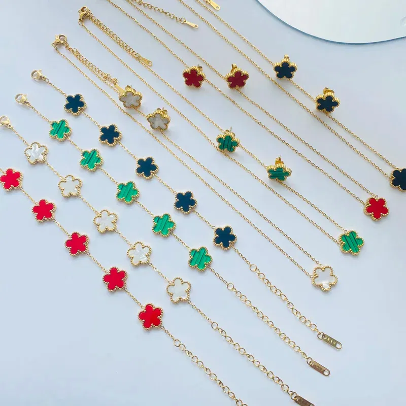 Metal color: Pure Gold Color - 3pcs/set Stainless Steel Flower Jewelry Set Gifts Luxury Modern Fashion Charm Necklace Earrings Bracelet Set Jewelry for Women