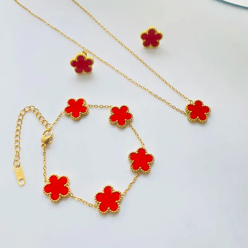 Metal color: Pure Gold Color - 3pcs/set Stainless Steel Flower Jewelry Set Gifts Luxury Modern Fashion Charm Necklace Earrings Bracelet Set Jewelry for Women
