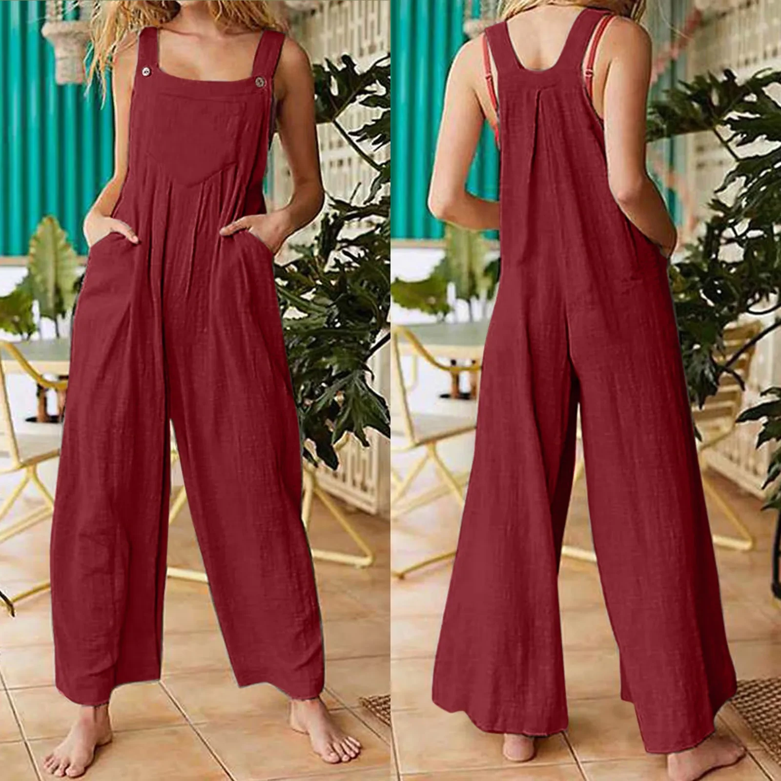 Women's Sleeveless Wide Leg Jumpsuit with Pockets