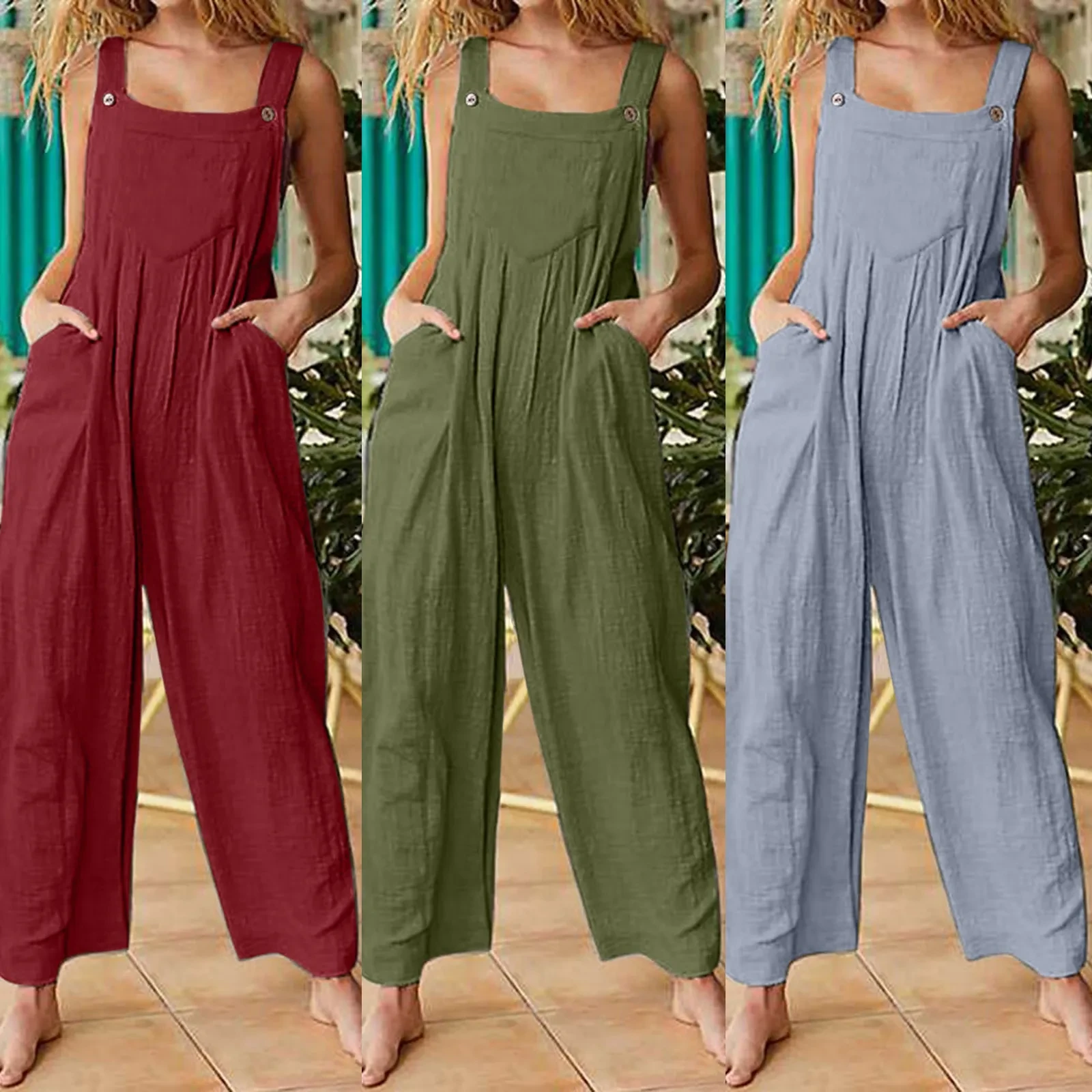 Women's Sleeveless Wide Leg Jumpsuit with Pockets