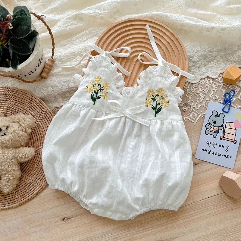 Color: Beige, Ships From: CN, Kid Size: 6M - 2025 Summer Charming Sleeveless Bow Tie Flower Embroidered Infant Newborn Girls One Piece Bodysuits Soft Baby Girl Lace Jumpsuit