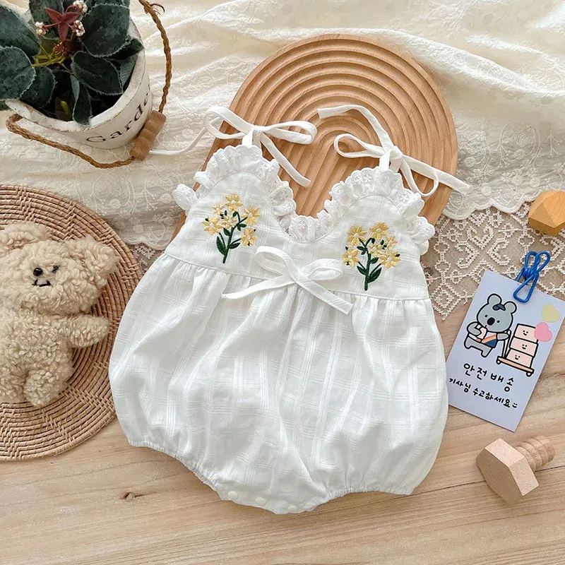 Color: Beige, Ships From: CN, Kid Size: 6M - 2025 Summer Charming Sleeveless Bow Tie Flower Embroidered Infant Newborn Girls One Piece Bodysuits Soft Baby Girl Lace Jumpsuit