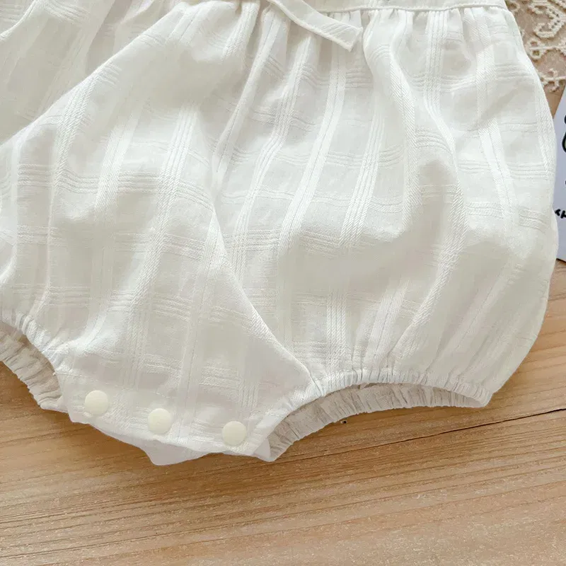 Color: Beige, Ships From: CN, Kid Size: 6M - 2025 Summer Charming Sleeveless Bow Tie Flower Embroidered Infant Newborn Girls One Piece Bodysuits Soft Baby Girl Lace Jumpsuit