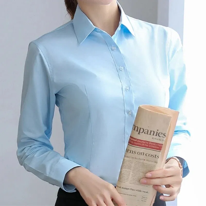 Color: SKY BLUE, Size: 5XL - Elegant Women Shirts Woman White Shirt Long Sleeve Blouse Office Lady business Pink Shirts Button Solid Women work Blouses Tops