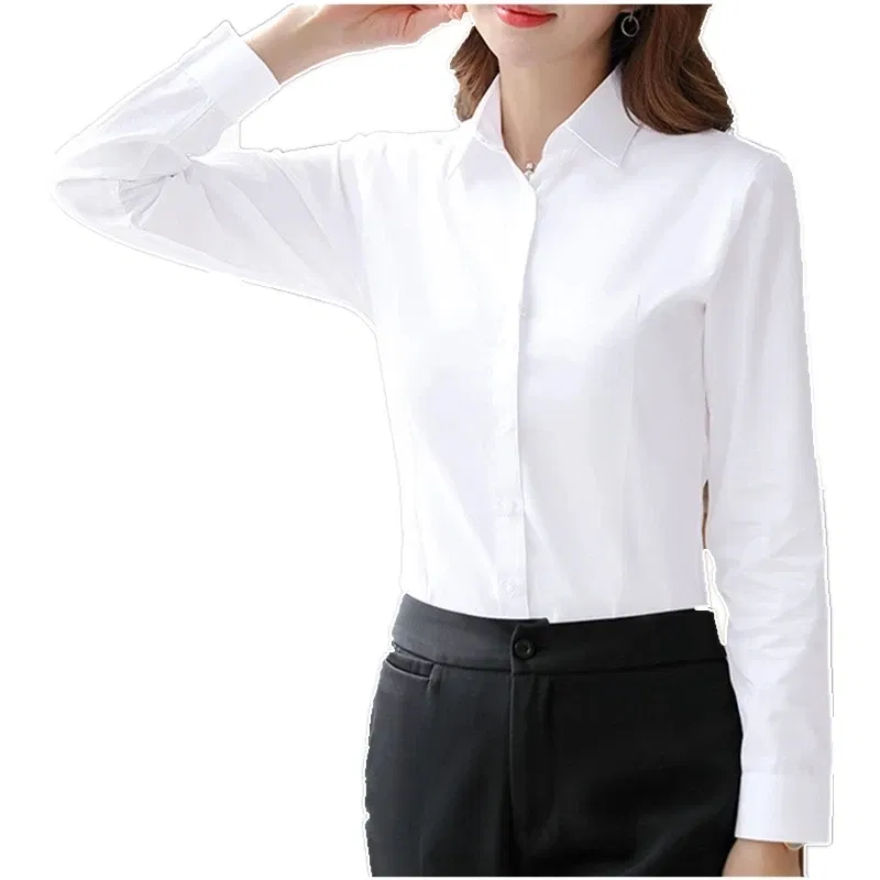 Color: SKY BLUE, Size: 5XL - Elegant Women Shirts Woman White Shirt Long Sleeve Blouse Office Lady business Pink Shirts Button Solid Women work Blouses Tops