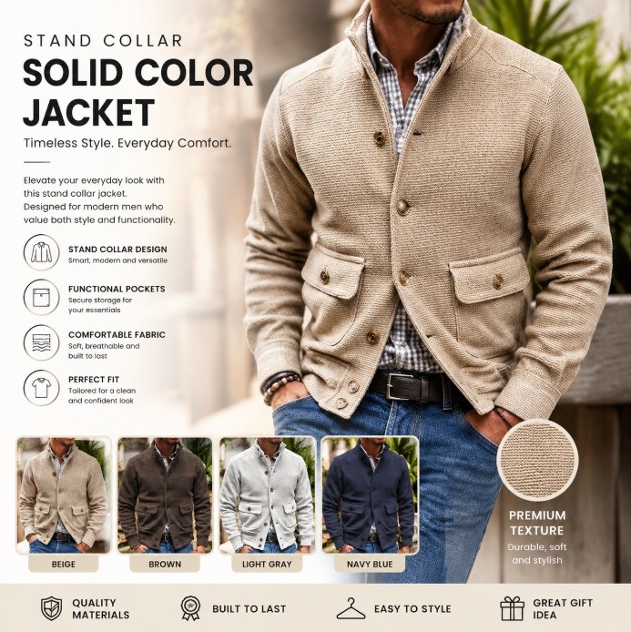 Men's Stand Collar Solid Color Jacket