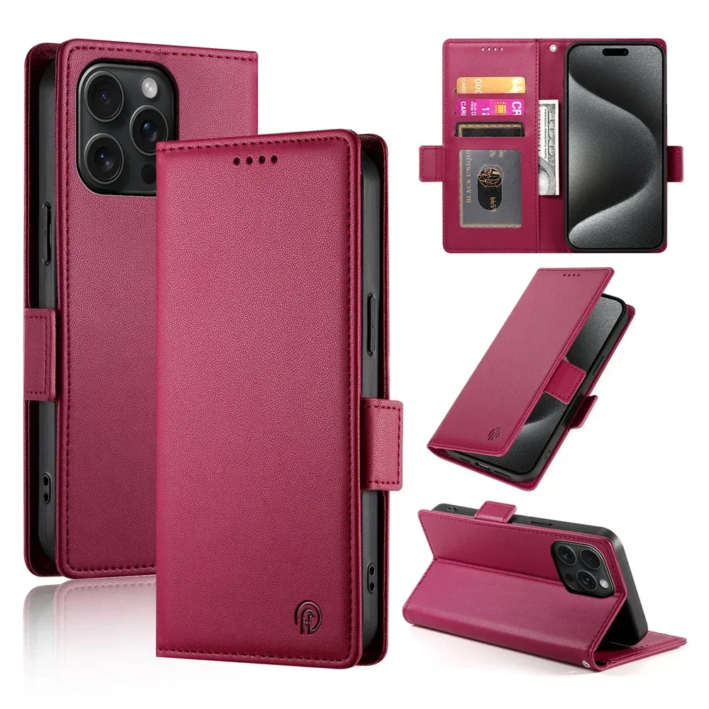 Color: Red, Material: PC - PU Leather Flip Phone Case For iPhone 16 15 Pro Max 16E 14 13 1211 XS Max XR X 8 7 Plus SE KickStand Cards Solt Wallet Cover