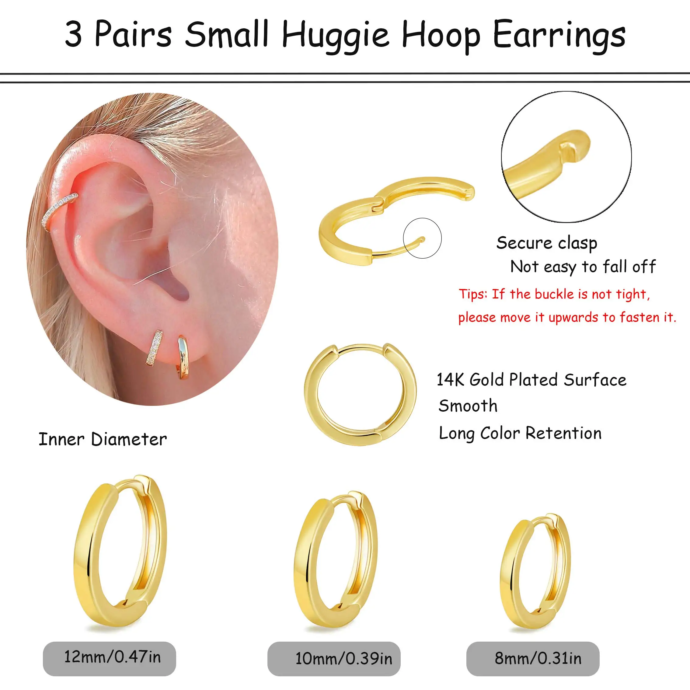 Metal Color: Light Yellow Color - Vonmoos New Women 3 Pairs Small Earrings Lady Classic 14K Gold Hoop Fashion Tiny Huggie Hoop Earrings Set Hypoallergenic Earring