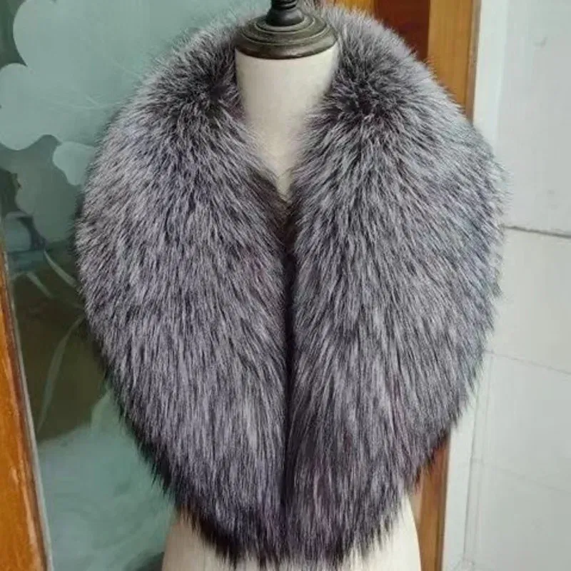 Color: DARK GRAY, Size: XL - Winter Real Fox Fur Collar Woman Furry Natural Raccoon Fur Scarf Shawls Luxury Neck Warmer Wraps For Coat Fur Scarves Large Size
