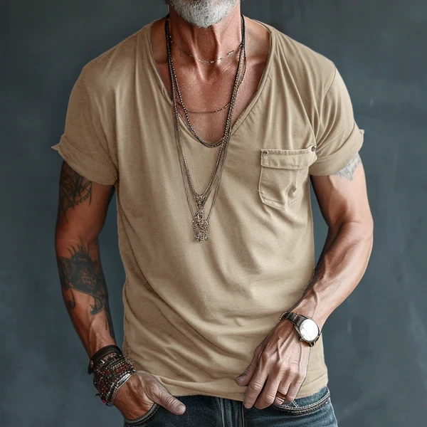 Men's V Neck Breast Pocket Short Sleeve Cargo T-Shirt