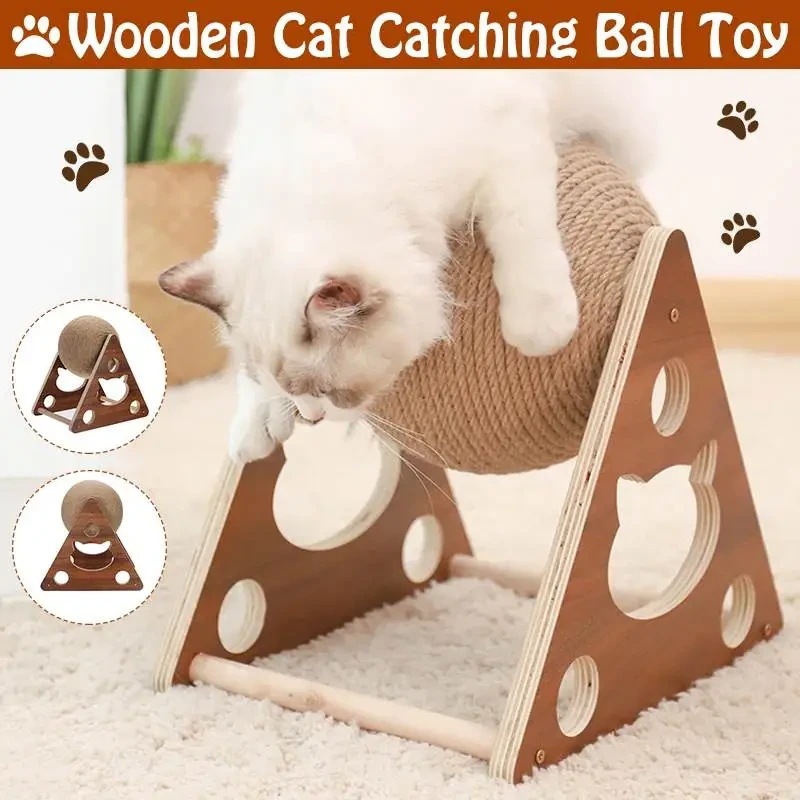 Solid Wood Natural Sisal Scratcher Ball Toy