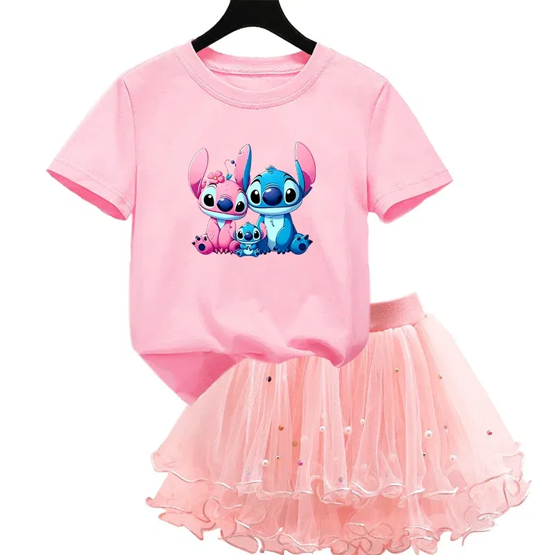 Color: Red, Kid Size: 4T - 2pcs Lilo Stitch Summer Girls Outfits Cartoon T-shirt and Tutu Skirt Princess Clothes Suit Children Birthday Clothing Sets