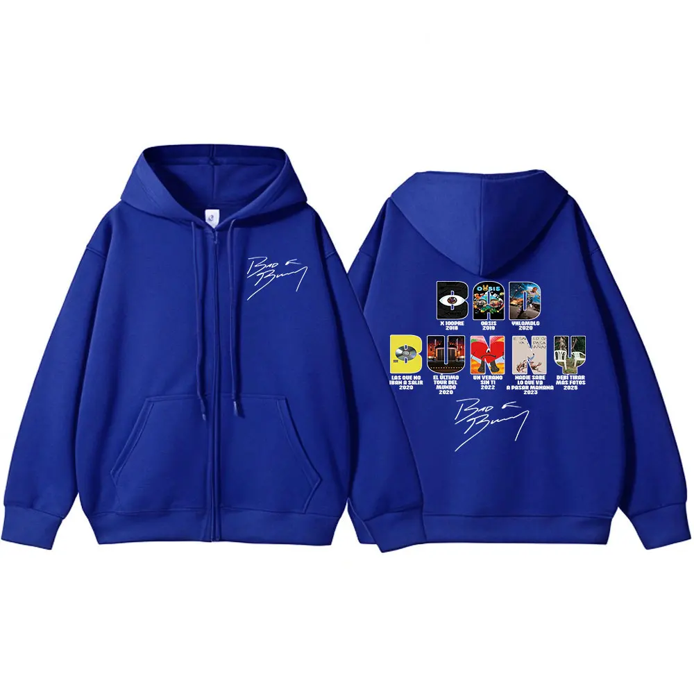 Color: black, Size: XXXL - Rapper Bad Bunny Music Album Cover Print Zipper Hoodies Men Women Clothing Hip Hop Zip Up Sweatshirts Long Sleeve Hoodie Jackets