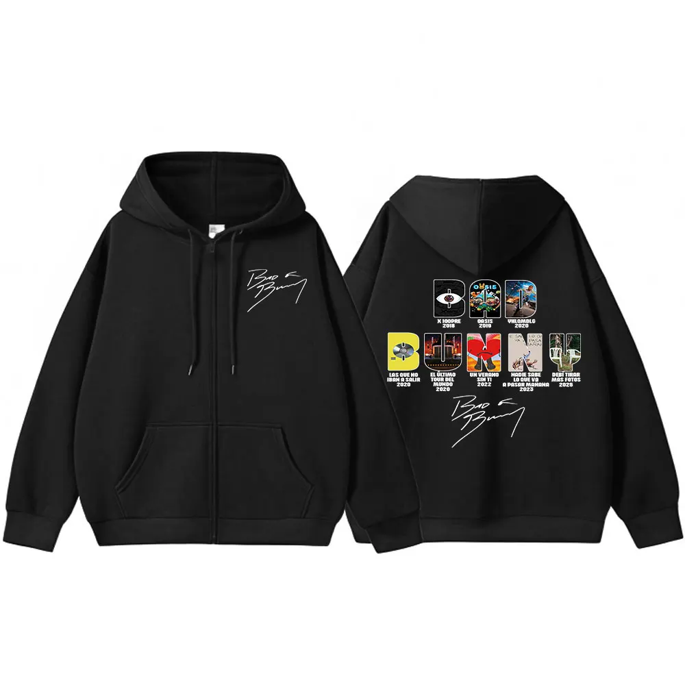 Color: black, Size: XXXL - Rapper Bad Bunny Music Album Cover Print Zipper Hoodies Men Women Clothing Hip Hop Zip Up Sweatshirts Long Sleeve Hoodie Jackets