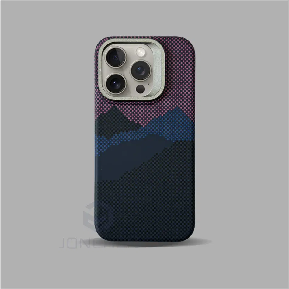 Color: Brown, Material: Nylon - Luxury Magnetic Stand Metal Lens Relief Carbon Fibre Pattern For Magsafe Case For iPhone 15 14 13 Pro Max Shockproof  Back Cover