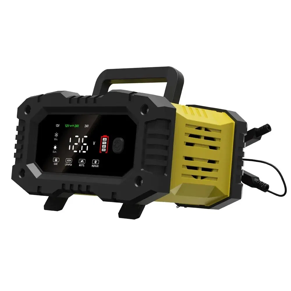 Color: Yellow - FOXSUR 20A/10A Car Motorcycle Battery Charger 12V/24V Smart Charger Lithium AGM GEL Lead-Acid LiFePO4 Battery Chargers