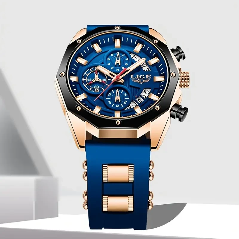 LIGE Men's Luxury Silicone Strap Waterproof Sport Quartz Watch - Chronograph Military Clock