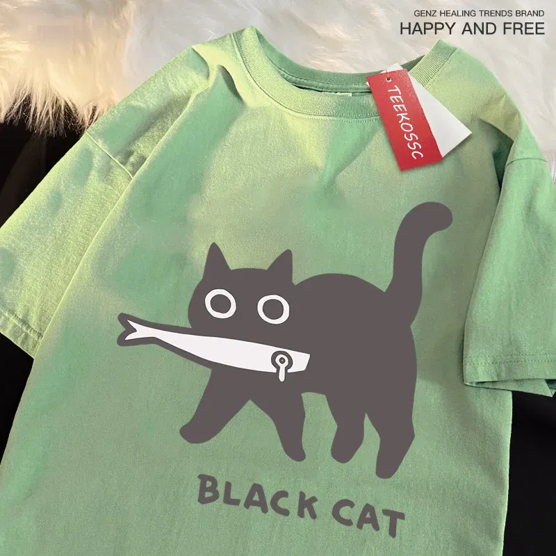 Color: Pink, Size: XXXL - Fun A Black Cat Eating Fish Japanese Style Men Women T-Shirt Fashion Print T Shirt Breathable Oversize T-Shirts Cotton Clothes