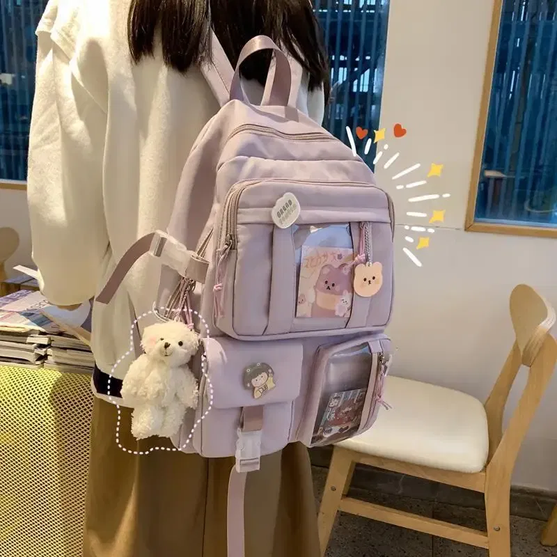 Color: PURPLE, Size: 16 inches - Large-capacity Cute Women Multi-Pocket Nylon Backpack Ins Junior High School Student School Bag Female Girl Backpack Laptop Book