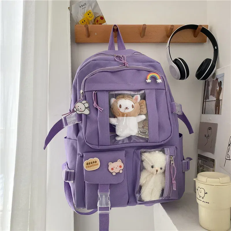 Color: PURPLE, Size: 16 inches - Large-capacity Cute Women Multi-Pocket Nylon Backpack Ins Junior High School Student School Bag Female Girl Backpack Laptop Book