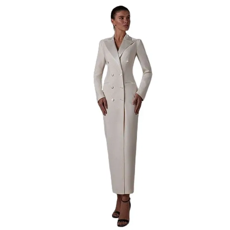 Color: black, Size: S - Women's Suit Long Jacket One Piece Blazer Double Breasted Formal Tuxedo Party Dress кос?‚юм ?¶?µнский