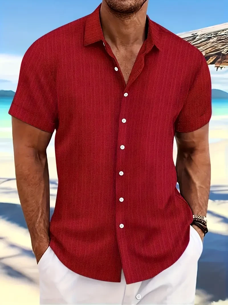 Mens Classic Striped Short Sleeve Dress Shirt - Lapel Collar, Button Up, Non-Stretch Polyester Fabric, Regular Fit, Perfect for Spring, Party, Wedding, and Formal Prom Events