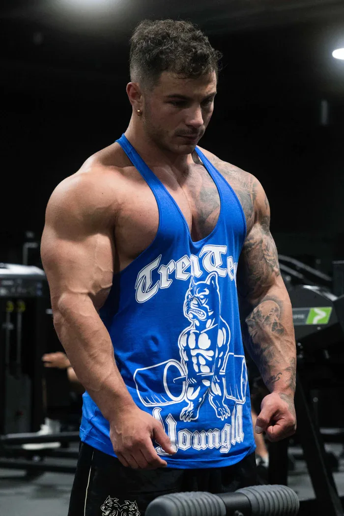 Color: Blue, Size: XL - Young American new men's I-vest sports fitness hurdle sleeveless cotton loose running vest