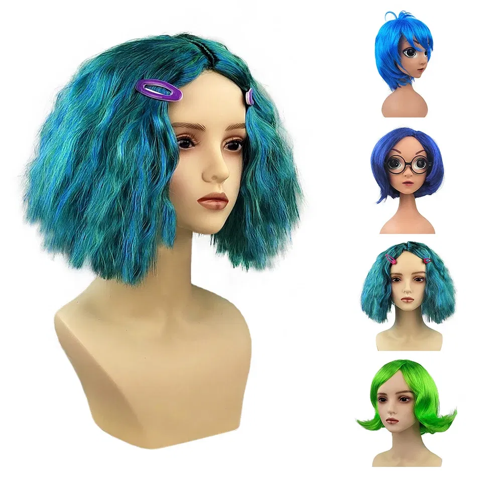 Color: Blue - Exclusive Masquerade Joy Sadness Envy Disgust Multiple Styles Wig with Headpiece and Waterdrop Clips Elevate Your Costume Game