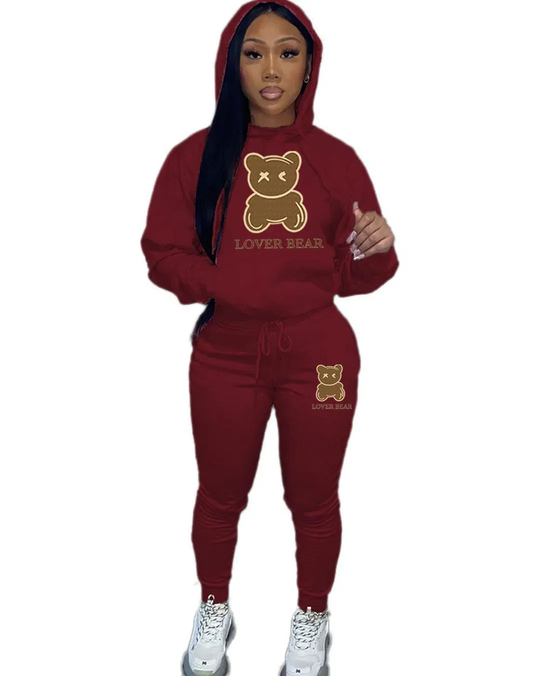 Color: Claret, Size: XXXL - 2 Piece Set Women Outfit Letter Bear Print Hooded Neck Hoodies Sweatshirt Pants Tracksuit 2024 Plus Size Streetwear Casual Suit