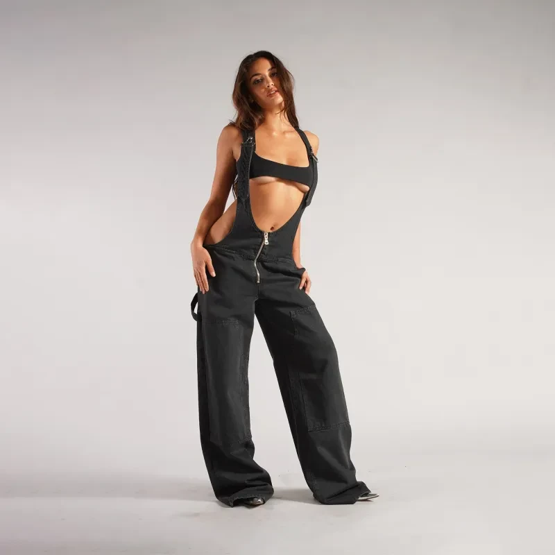 Y2K Denim Overalls With Pockets Fashion Loose Jumpsuit Streetwear Zipper Jeans Pants