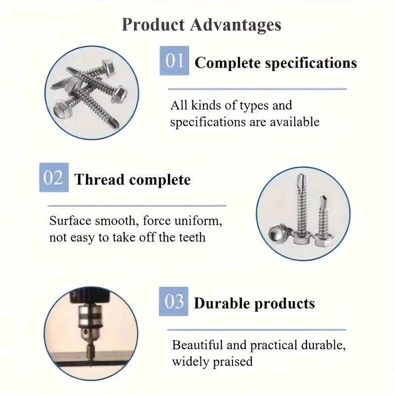 250pcs 410 Stainless Steel #8 Self-Tapping TEK Screws Assortment Kit  Hexagon Self-Drilling Screws for Metal, Furniture, Building & Repairing with Hex Washer Head, Includes Hex Nut Driver