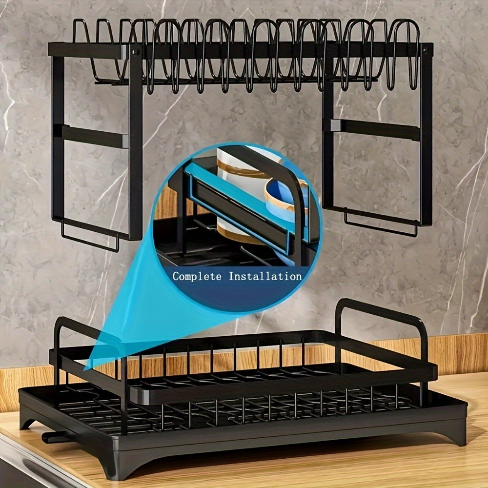 2-Tier Dish Rack with Utensil Holder  Rustproof Kitchen Dish Drying Rack with Drainboard for Kitchen Countertop