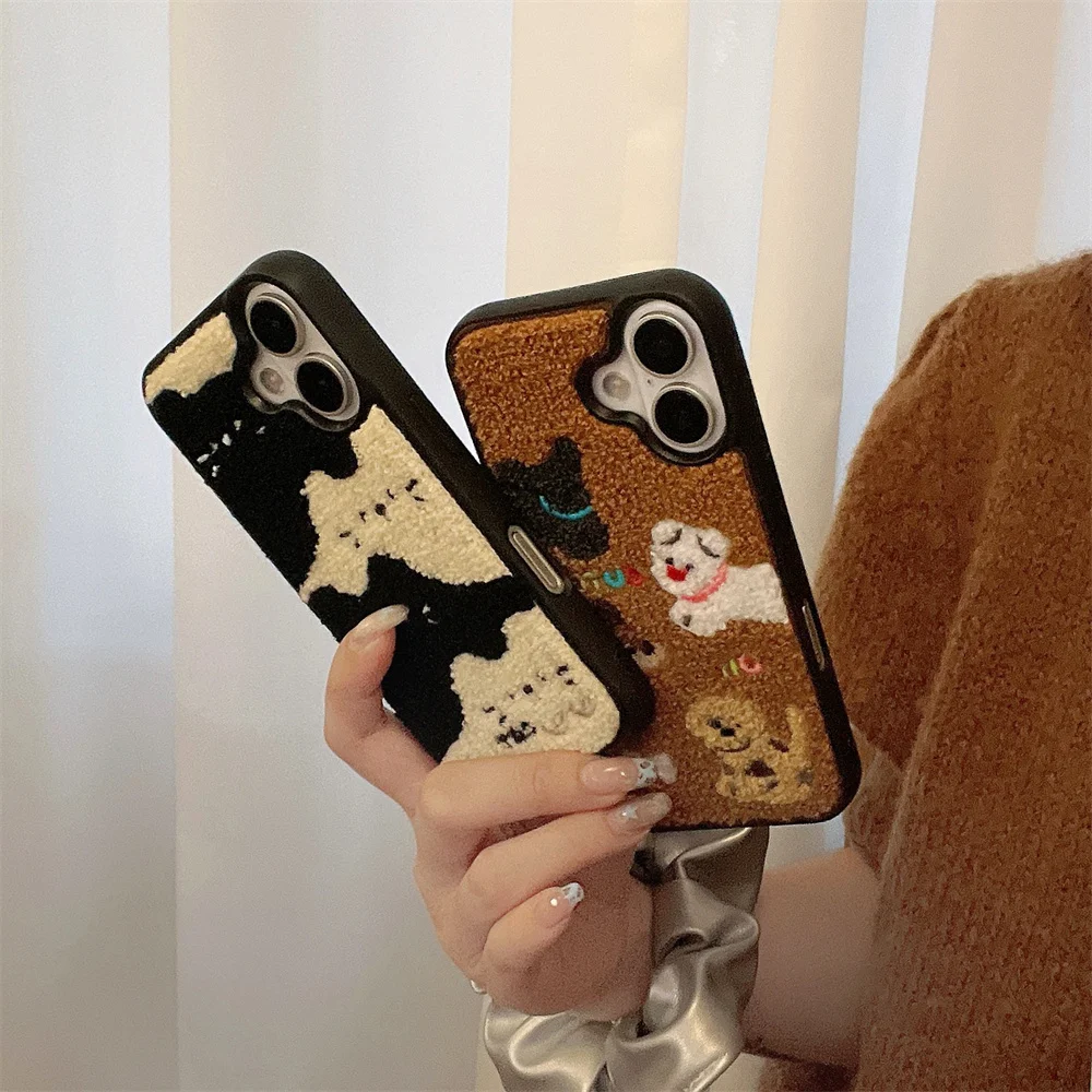 Color: Beige, Material: Wood - Luxury Cartoon Embroidery Cute Dog Cats Colorful Dots Phone Case For iPhone 13 14 15 16 Pro Max Plush Winter Shockproof Cover