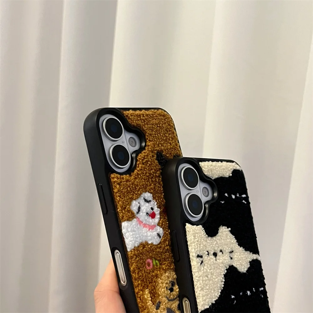 Color: Beige, Material: Wood - Luxury Cartoon Embroidery Cute Dog Cats Colorful Dots Phone Case For iPhone 13 14 15 16 Pro Max Plush Winter Shockproof Cover