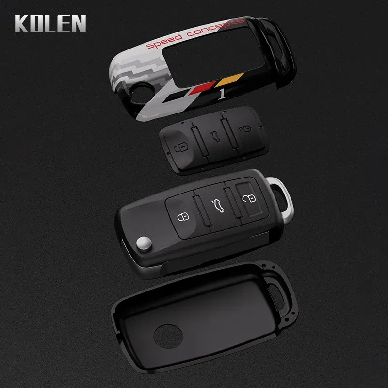 Color Name: army green - ABS Car Folding Key Case Cover Shell For Volkswagen VW Polo Golf Passat Beetle Caddy Tiguan Skoda Octavia Kodiaq Seat Leon Altea