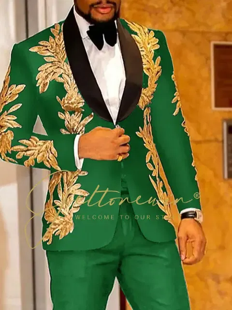 Color: green, Size: M - Luxury Groom Wedding Tuxedos Gold Sequins Appliques Black Men Suits Slim Fit Costume Homme Marriage Prom Suits